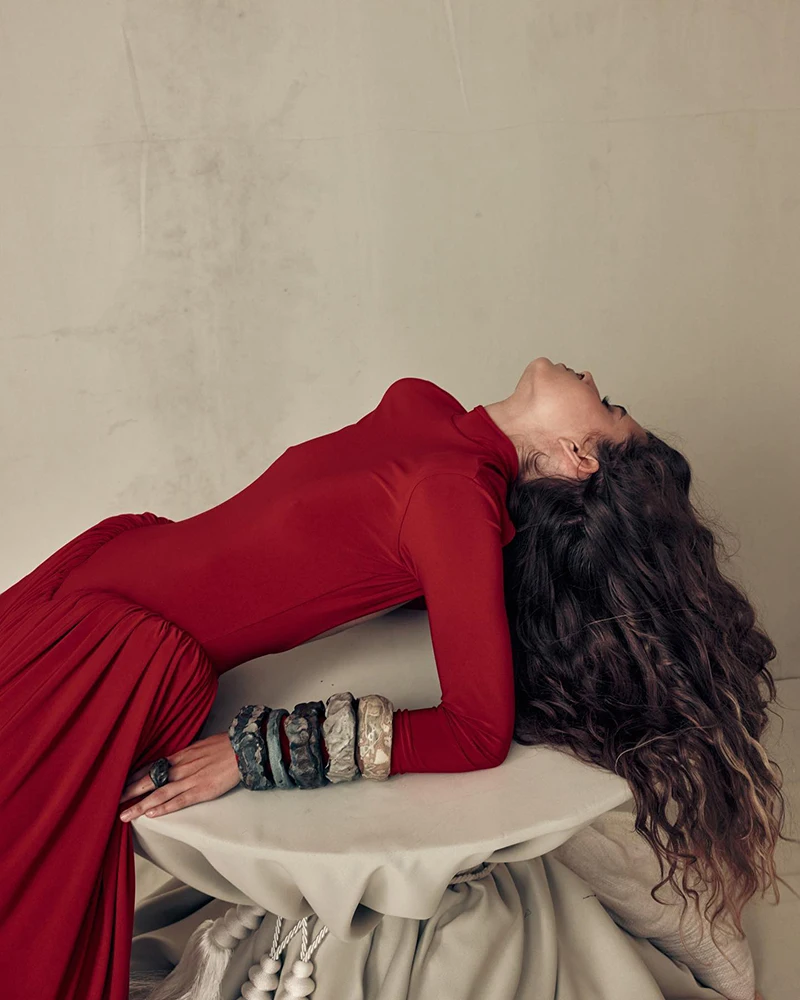 Backless O-neck Pleated Thigh Slit Long Sleeveless Autumn Winter Red Sexy Maxi Dress For Women High Waist Slim Dress