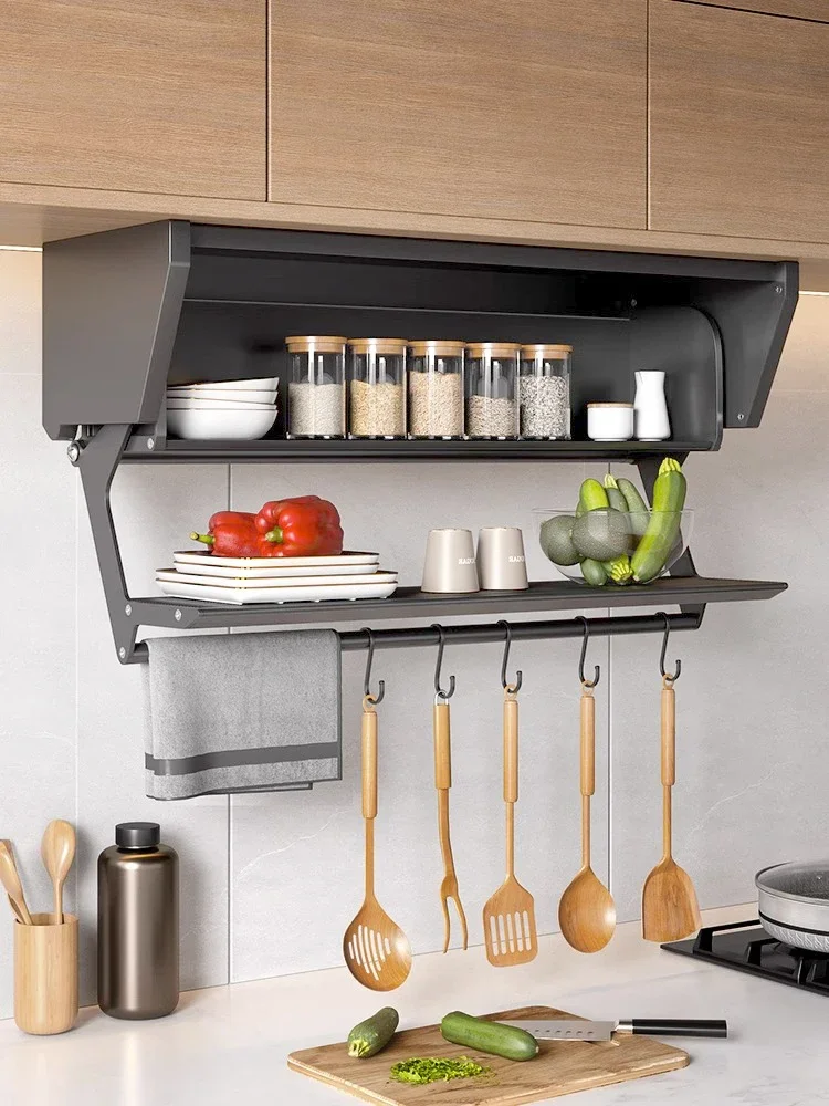 

Kitchen Wall Cupboard Drop-down Shelf Wall-Mounted Cabinet Condiment Top Cabinet Storage Folding Storage Wall Shelf