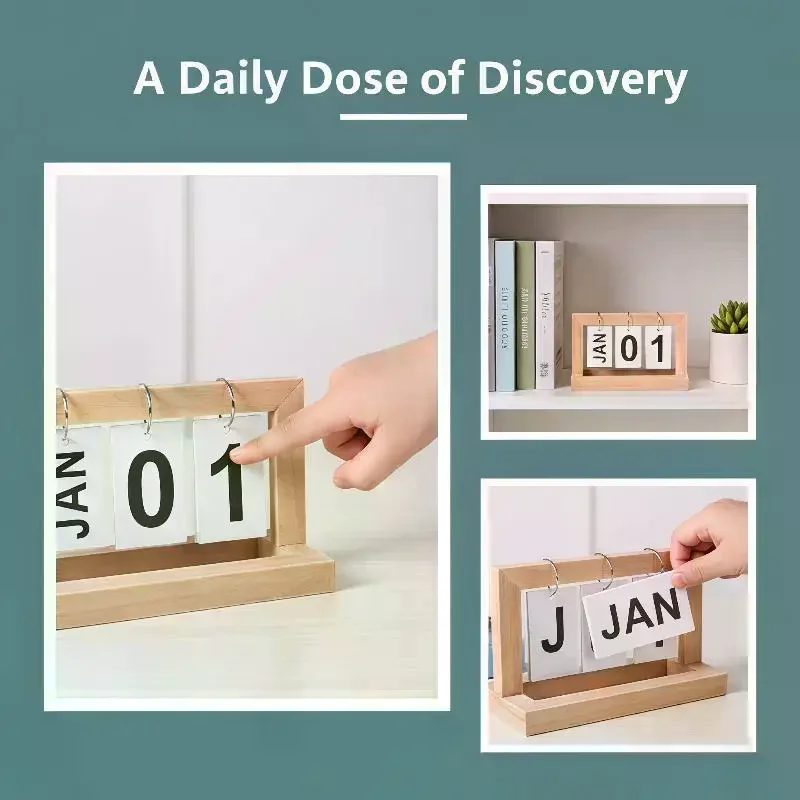 Calendario Perpetuo in Legno con Display a Fogli Mobili per Mese e Data, Pianificatore Giornaliero da Scrivania, Decorazione per Ufficio e Casa, Accessorio per Fotografia - immagine 3