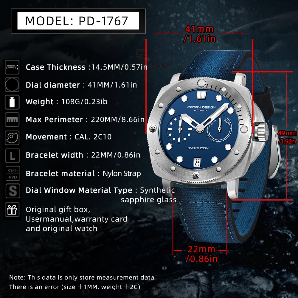 Mechanical Watch PAGANI DESIGN Men's Watches Diver Automatic Mechanical Watch Sapphire Stainless Steel Sport 20 Bar Clock Relogios Masculino