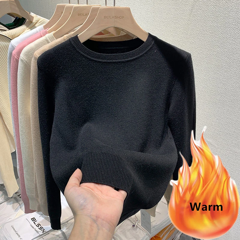 thumbnail image 1 of Suéter de invierno con cuello redondo para mujer, tops de punto suaves y gruesos y ajustados, jersey de manga larga de terciopelo, jerseys casuales cálidos Malhas, 1 of 5
