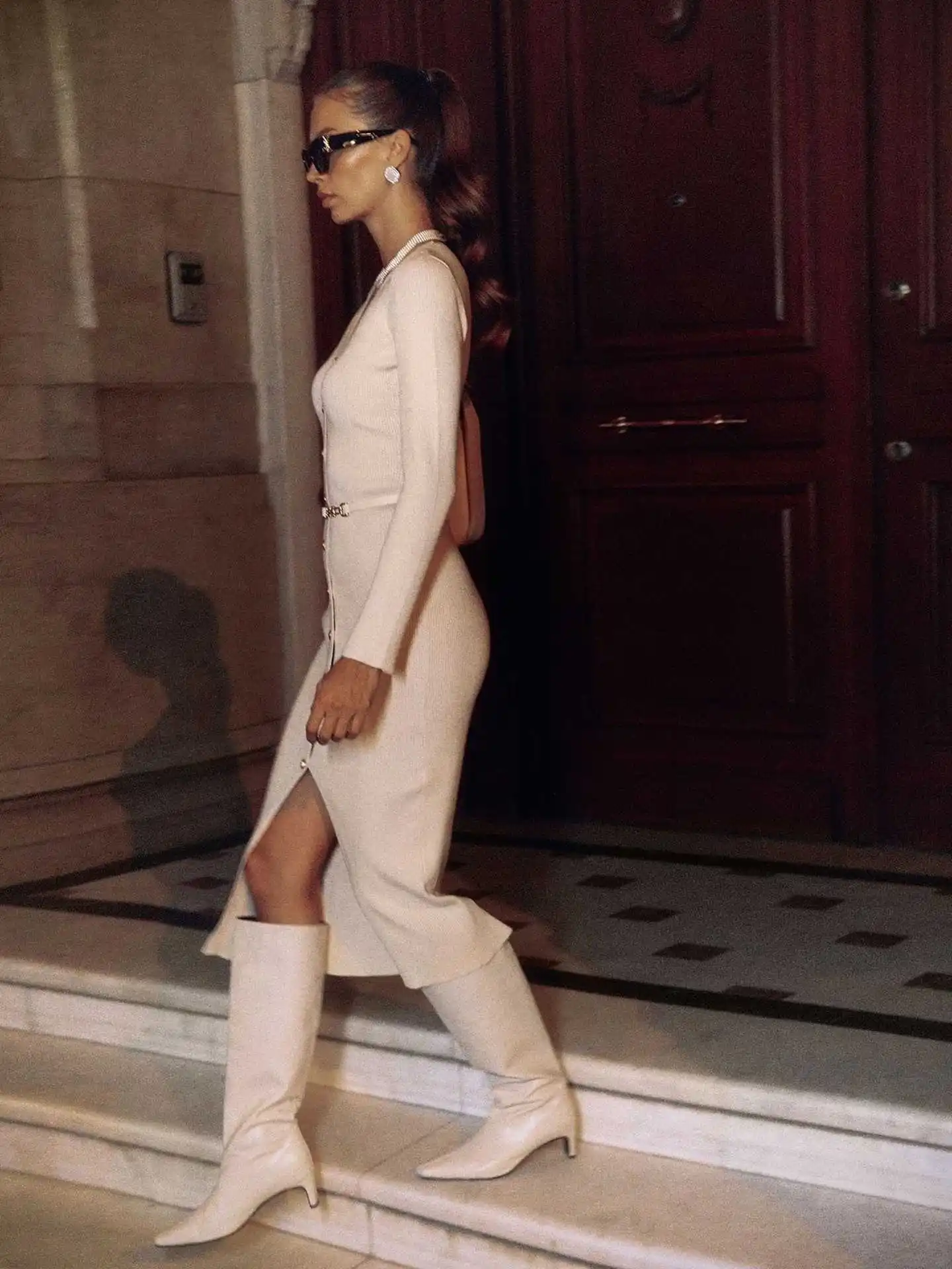 Autumn V-Neck Knit Long Dress For Women Ribbed Patchwork Cardigan Slim Elegant Party Dress Female Knitwear Maxi Dress