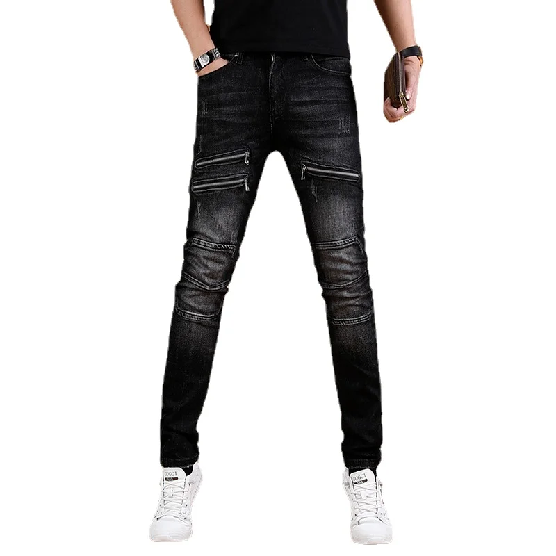 Casual Patchwork Zipper Black Jeans Men Streetwear Slim Fit Pencil Pants Cotton Stretch Denim Trousers