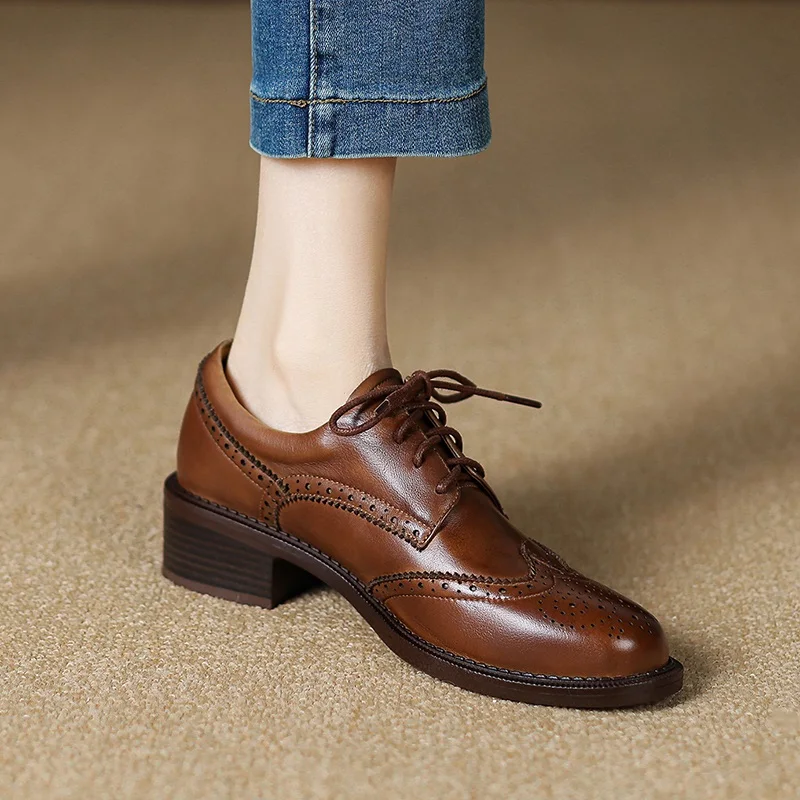 

Lace-Up Brogue Shoes For Women Vintage Oxfords On Heel 4 CM Shoes Woman Cowhide Ladies Shoes British Style Quality Oxfords