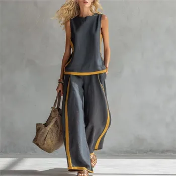 Women's 2-piece Set 2026 New Sleeveless Contrast Wide Leg Pants Suit Summer Casual Fashion Two-piece Trendy Style Women Clothing 1