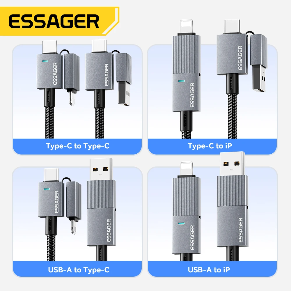 Essager 240W 4-in-1 Fast Charging Cable for iPhone17 16 15 Pro Max Macbook iPad Xiaomi Samsung Macbook USB Type C To USB C Cable