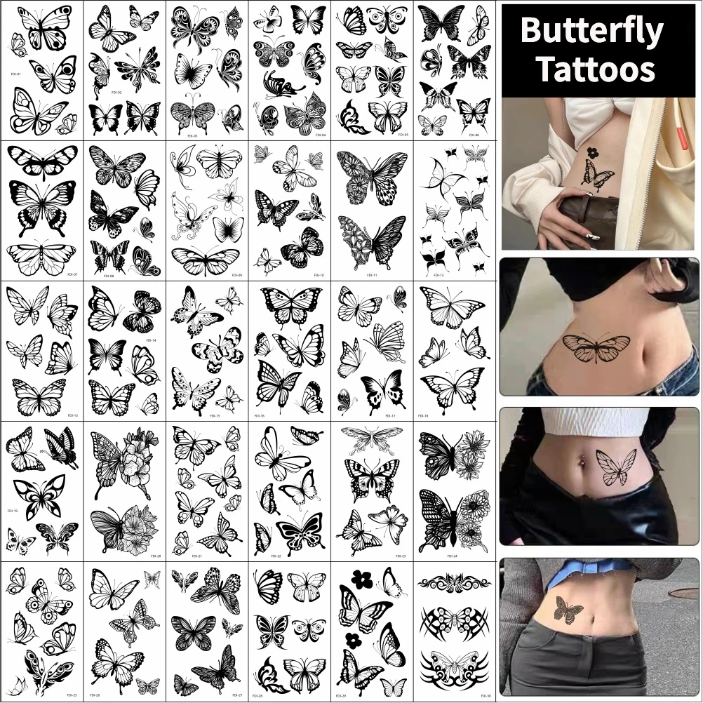 

30Sheets Black Flower Butterfly Temporary Tattoos For Women Men Wild Plant Fake Tattoo Sticker Adults Face Hands Body Art Tatoo
