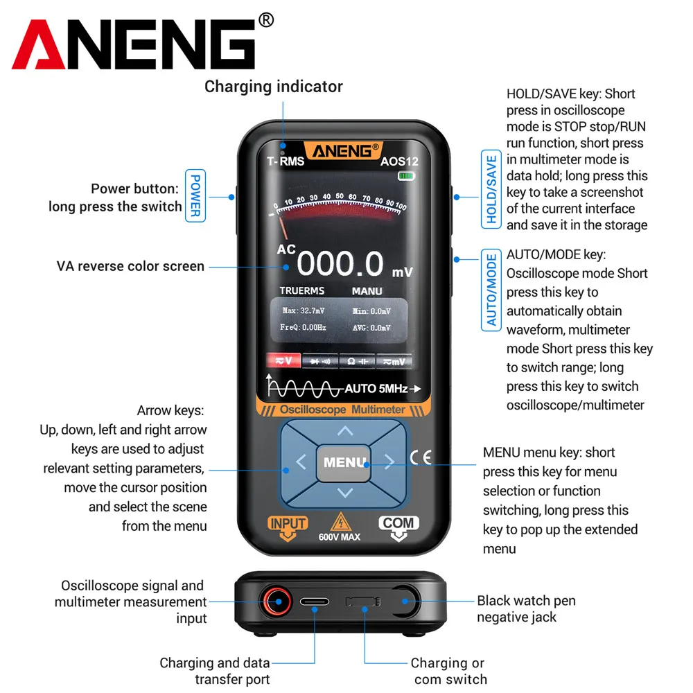 2-in-1 Digital Oscilloscope Multimeter 5MHZ 48MSa/s Sampling Portable Oscilloscope Multifunctional Electrical Test Tool