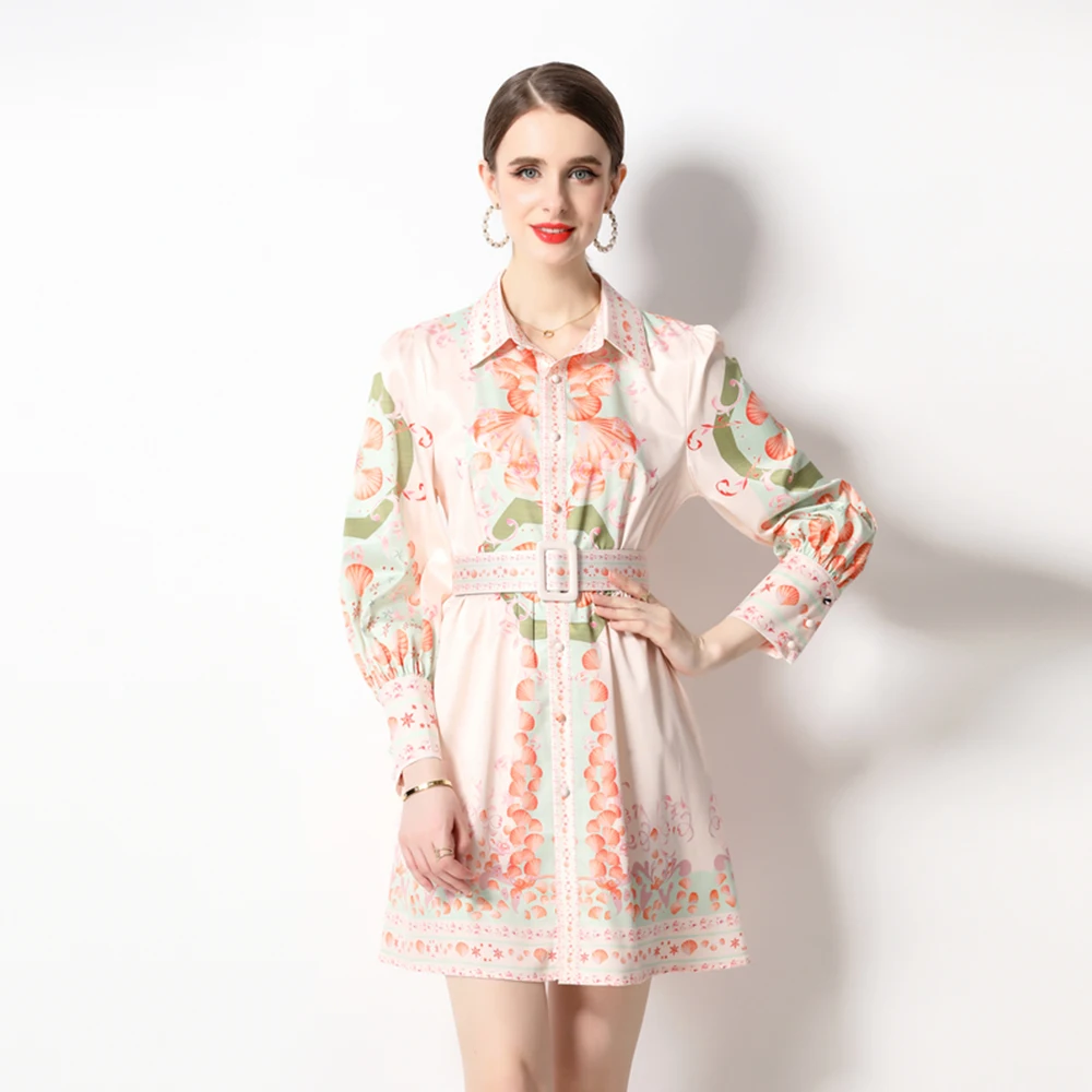 

Autumn New Fashion Floral Print Mini Dress Women's Lapel Lantern Sleeve Single Breasted Belt Short Shirt Dress Vestidos