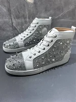 2025 New Silver Couples High Top Casual Shoes Round Toe Flat Strap Rivets Decorated Men's Women's Sports Shoe Women Single Shoes 2