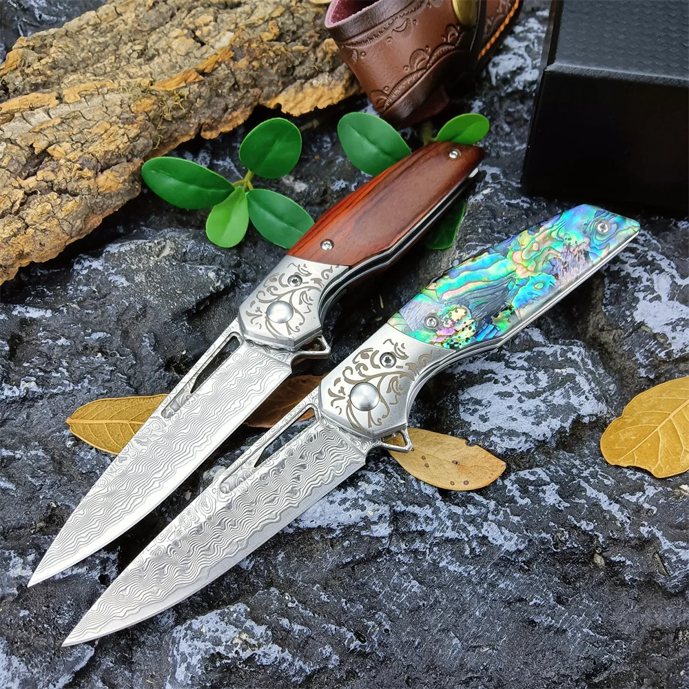 

NEW Damascus Blade Pocket Folding Knives Rosewood/Baube Handle Tactical Hunting Knife Outdoor Camping Survival EDC Defense Tools
