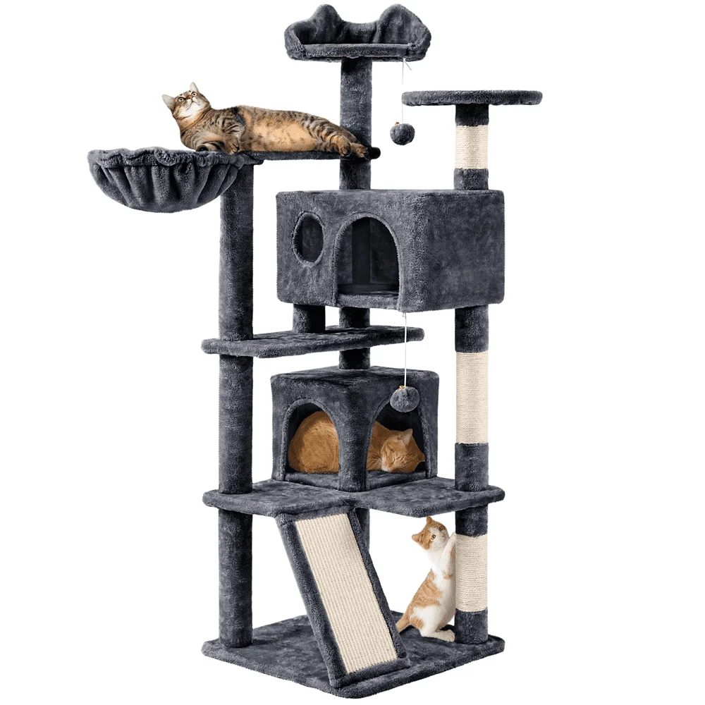 

Double Condo Cat Tree with Scratching Post Tower, Dark Gray