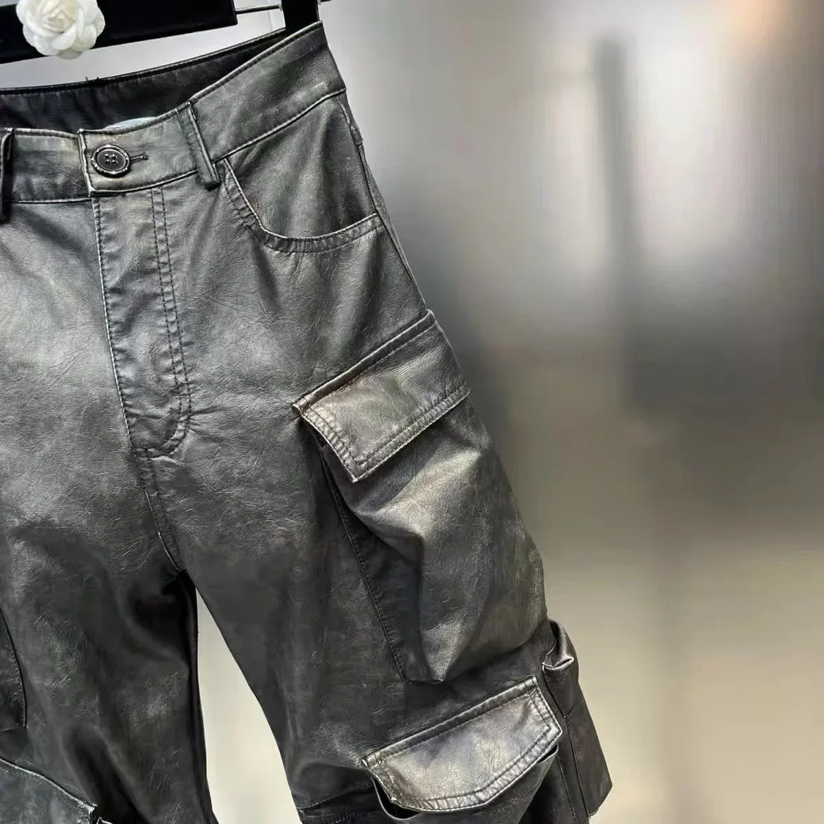 Multi Pocket Design Vintage PU Leather Pants for Women High Waist Single Button Cargo Trousers 2023 Autumn Female 11XX5286