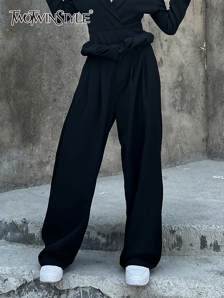 

TWOTWINSTYLE Patchwork Ruched Wide Leg Pants For Women High Waist Solid Minimalist Loose Autumn Trousers Female Fashion Clothing