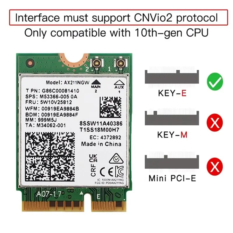 새로운AX211NGW Wifi 6E 카드 5374Mbps 트라이 밴드 2.4Ghz/5Ghz/6Ghz Wifi 카드(10DB 안테나 포함) BT5.3 무선 네트워크 카드 어댑터