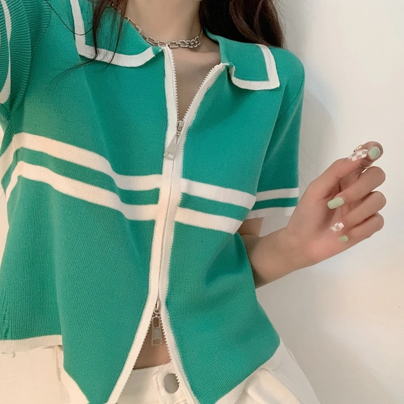 

Women's Solid Knitted Cardigan Tops Sweet Vintage Sweaters Female 2023 Ropa Korean Style Cropped Jackets Zip-up Y2K Clothes