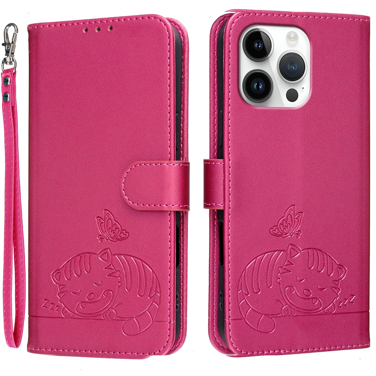 Cartoon Cat Flip Case with Leather Lanyard and 3-Card Wallet Cover