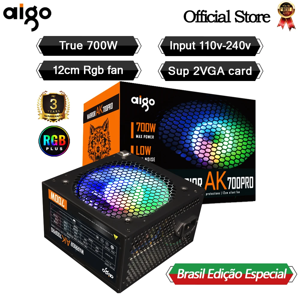 

Aigo AK700PRO 700W PC PSU Power Supply Unit Black Gaming Quiet 120mm Rgb Fan 110V 220V ATX Desktop Computer Power Supply For BTC