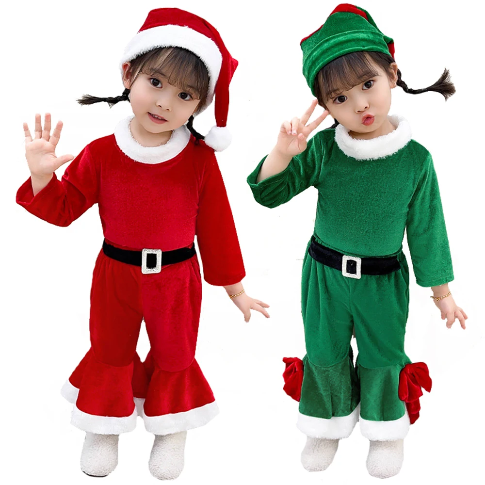 

Kids Child Christmas Cosplay Costume Santa Claus Boys Girls Xmas Outfit Set Winter Warm Velvet Fur Tops Pants Hat Clothes Set