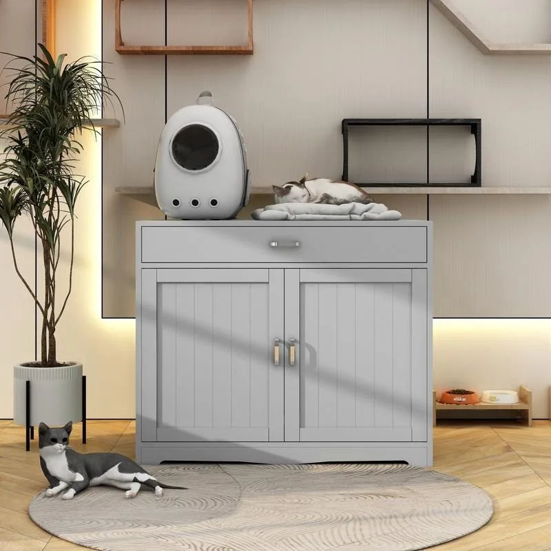 

Litter Box Enclosure, Cat Litter Box Furniture with Hidden Plug, 2 Doors,Indoor Cat Washroom Storage Bench Side TaHouse, Grey-1