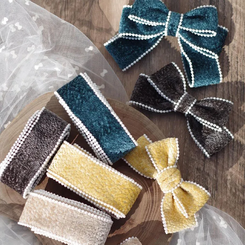 

25mm 40mm Luxury Velvet Chenille Ribbon With Pearl Beads For Hair Bows Clips Handmade Headwear Crafts Collar Sewing Accessories