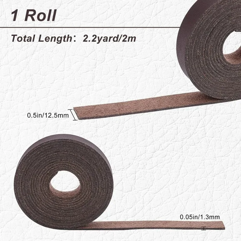 Dark Brown Genuine Leather Strap 1/2 Inch Wide 79 Inch Long 1.3mm Thick Single Sided Flat Cord for DIY leather fabric