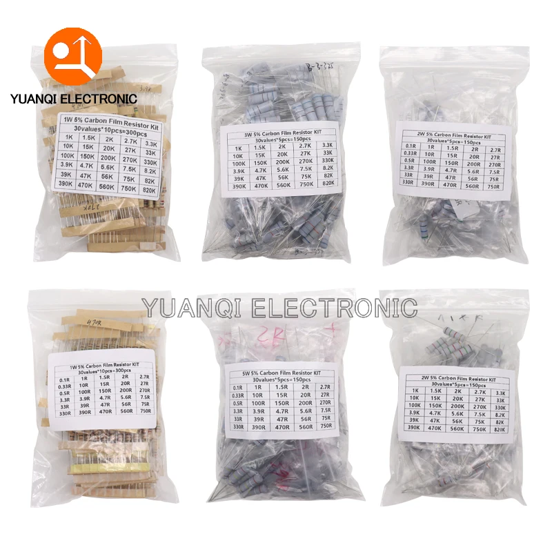 

150PCS/300PCS 1W 2W 3W 5W Carbon Film Resistor Assortment Kit 5% Resistance Set 30Kinds 0.1 - 750 ohm 1K - 820K DIY component