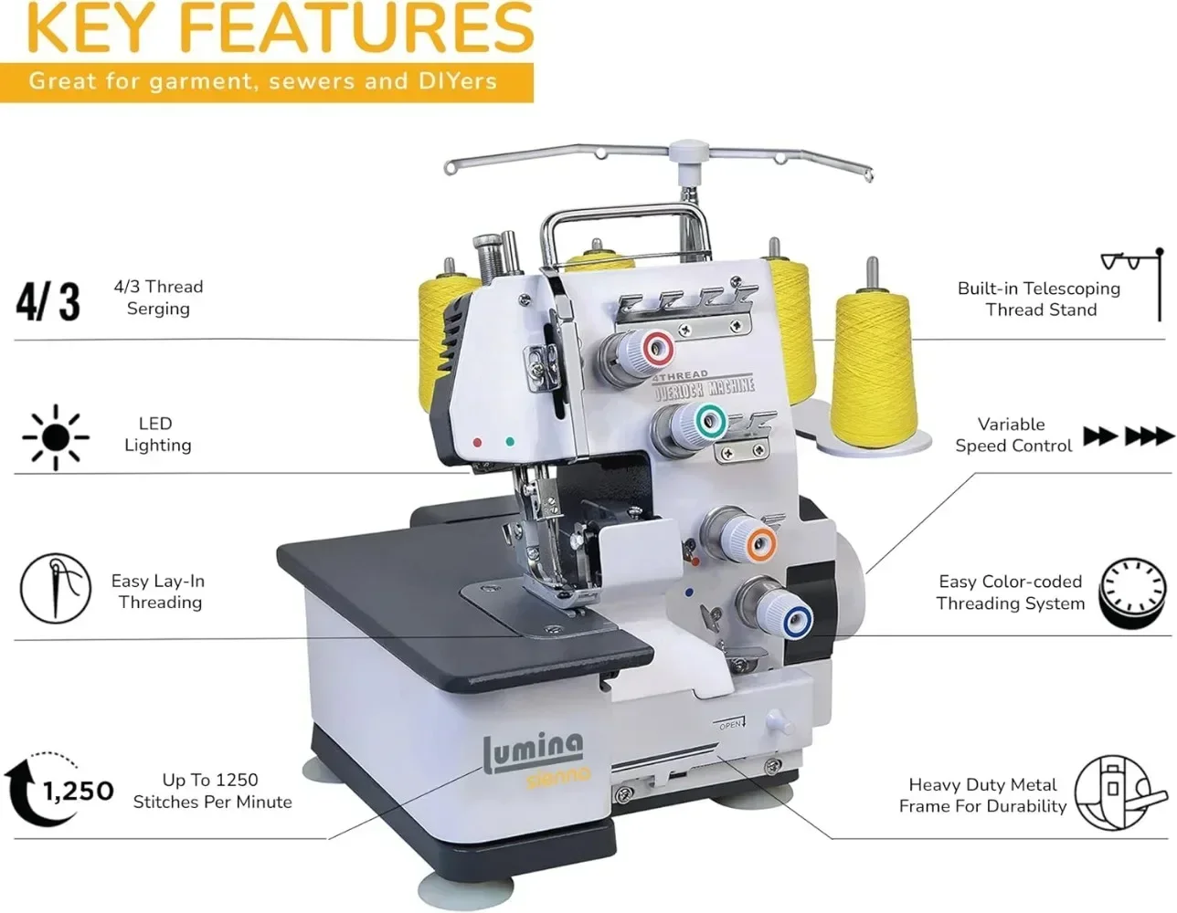 Semi-Industrial Sergers & Overlock Machines with Durable Metal Frame, 3-4 Serger Thread Capability-Overlocker Sewing Machine