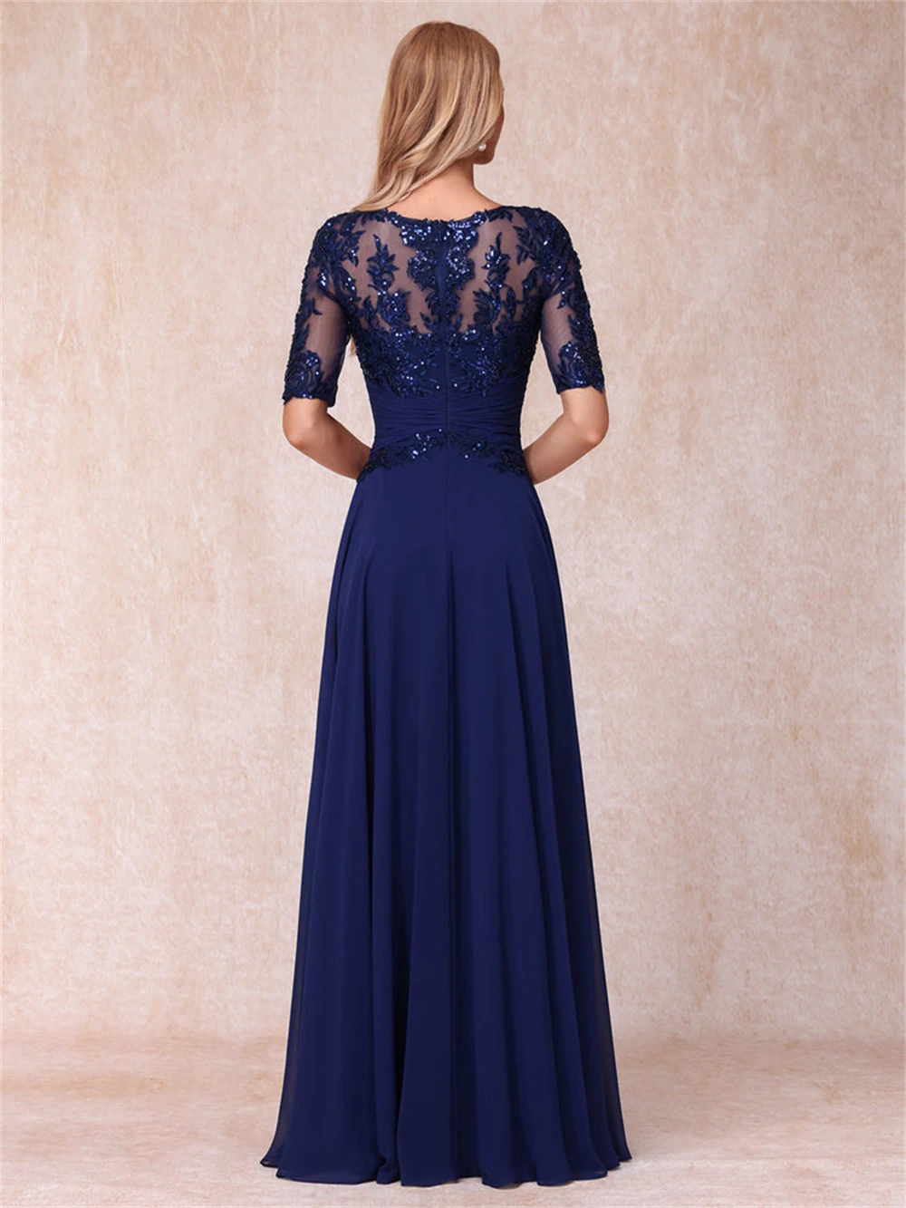 Simple Lace Appliques O-Neck Chiffon Mother of theBride Dresses With Wedding Sleeves A-Line Long Formal Evening Gowns for Women