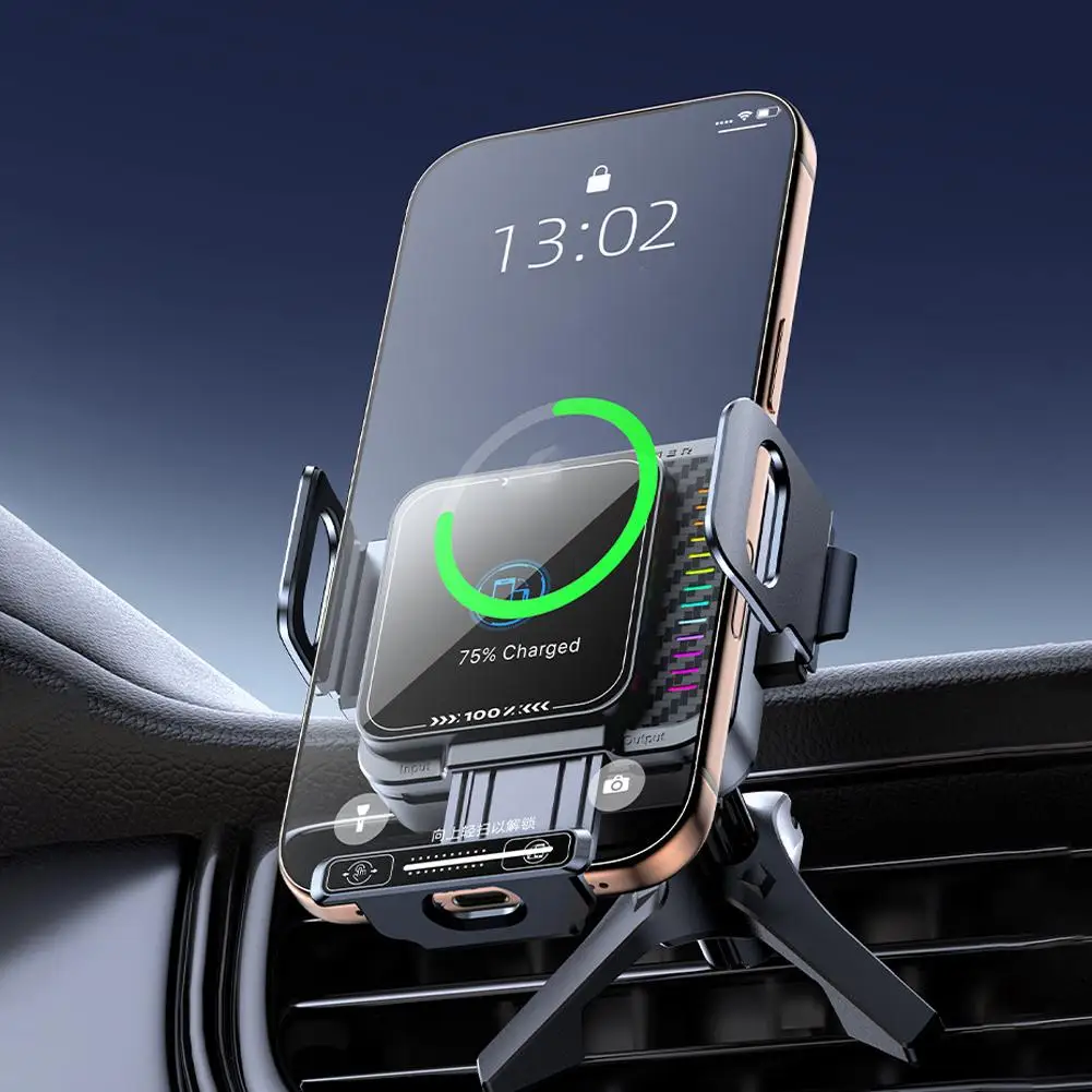 Universal Wireless Charging Phone Holder with Auto-Lock Clamp and RGB LED - Fast Charge Air Vent Mount