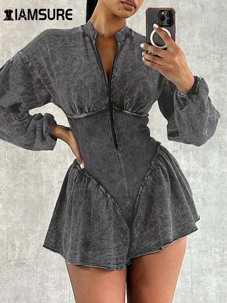 

IAMSURE Sporty Activewear Loose Deep V-Neck Playsuits Sexy Slim Solid Deep V-Neck Long Sleeve Rompers Women 2023 Autumn Spring