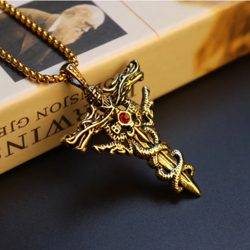 パンクファッションチタン鋼ネックレス男性合金ダブルドラゴン剣