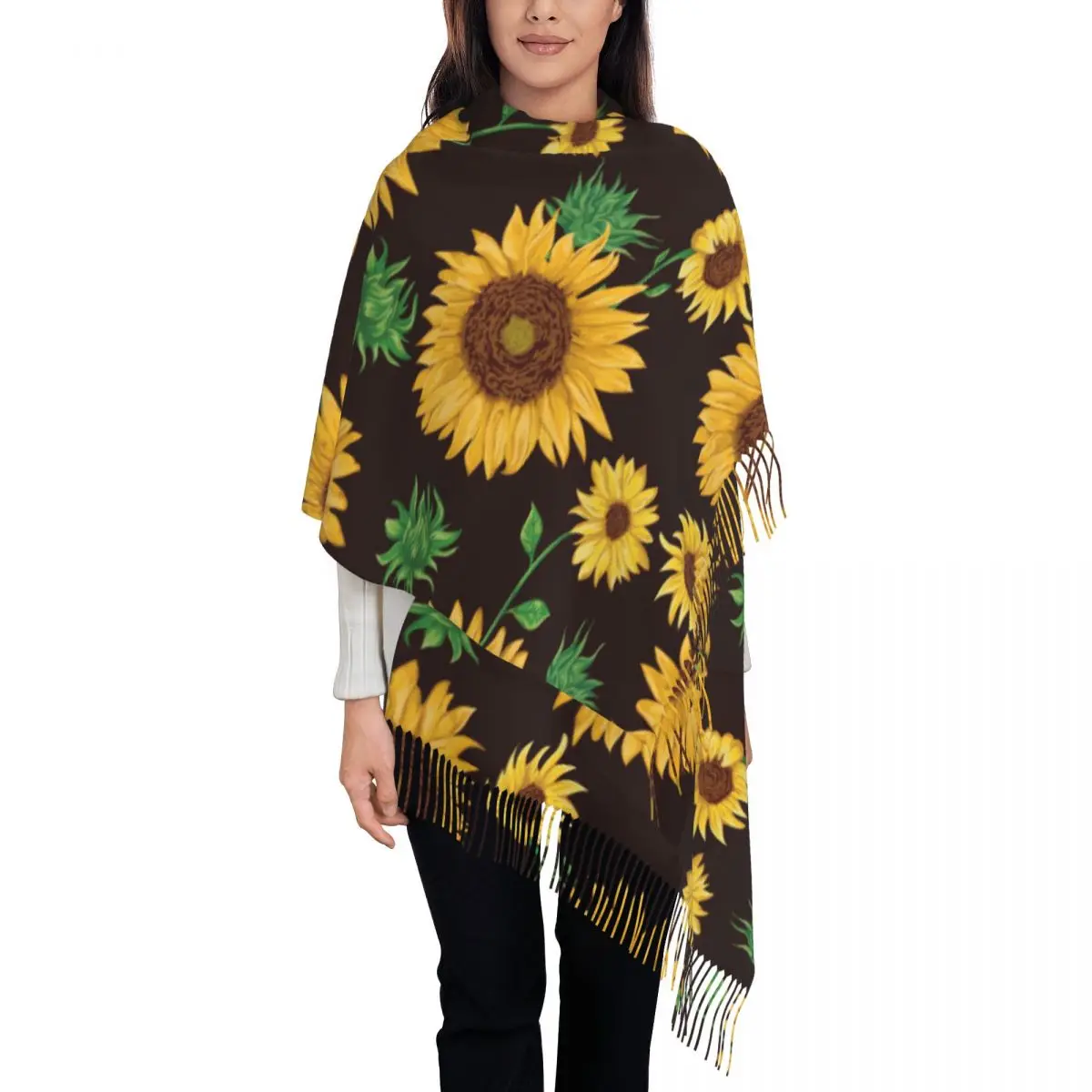 

Abstract Sunflower Scarf with Tassel Sunflowers Pattern Design Warm Soft Shawl Wraps Womens Large Scarves Winter Retro Bandana