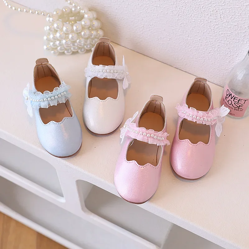 Girls Leather Lace Pearl Ballet Flat Shoes for Wedding Party