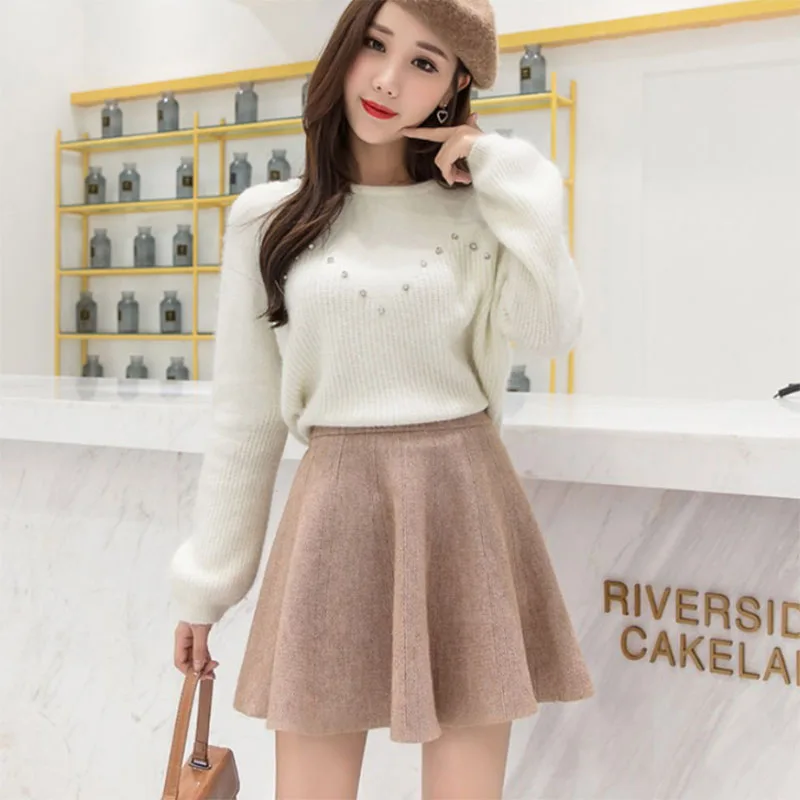 Solid Color Basic Knitted Mini Skirts Women New Autumn Winter Elastic Waist A-Line Skirts Ladies Korean All Match Pleated Skirt S38e063219df94bdc9ae57fb58dec7649m