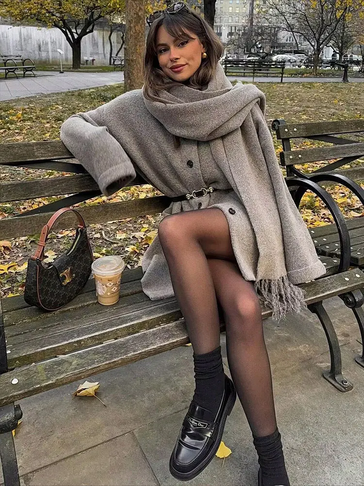 HH Women Knitted Cardigan Coats With Scarf Loose Casual Single Breasted Long Sleeve Jackets Autumn Woman Elegant Fashion Outwear