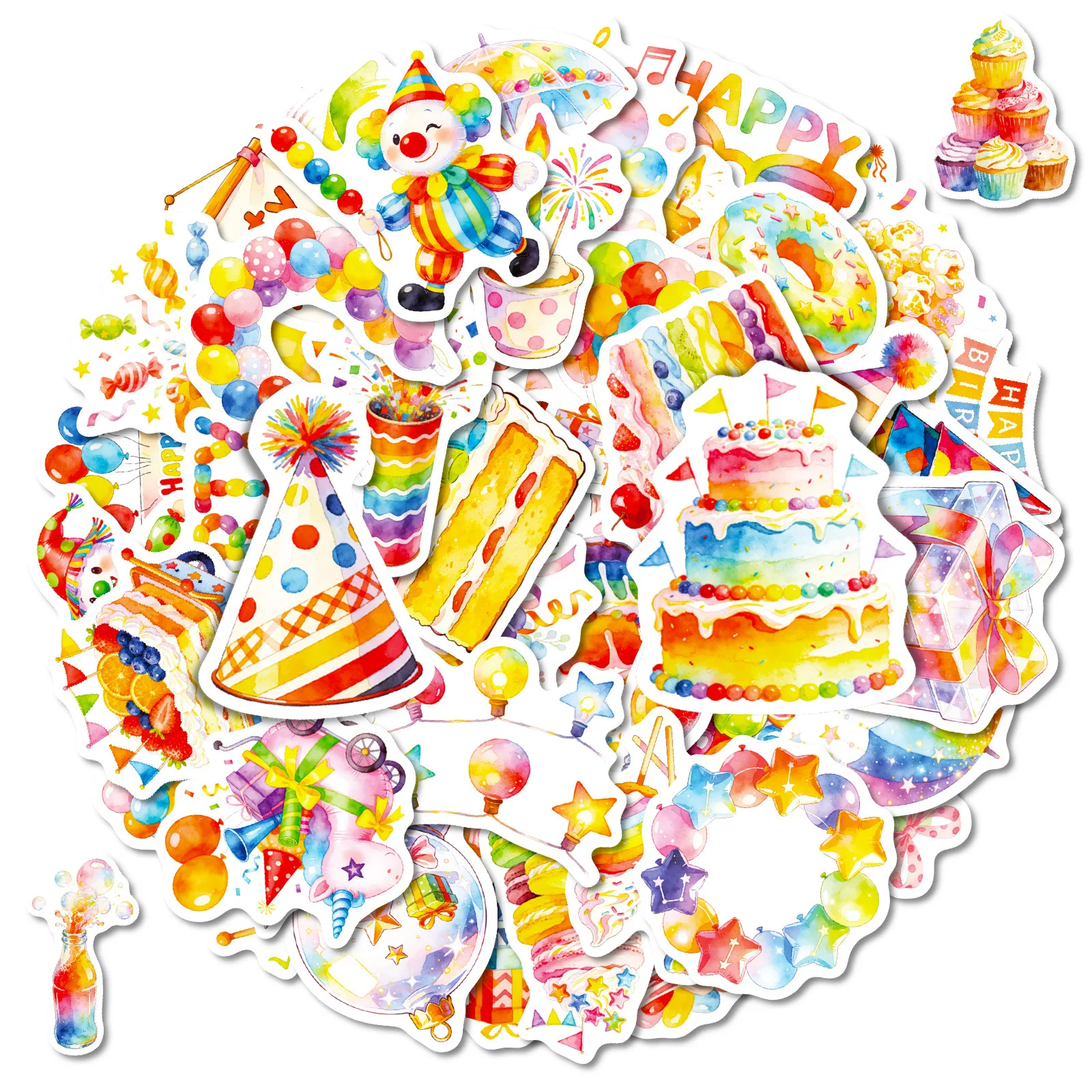 56PCS 수채화 생일 파티 낙서 스티커 풍선 케이크 캔디 요소 학생 문구 노트 생일 선물 스티커