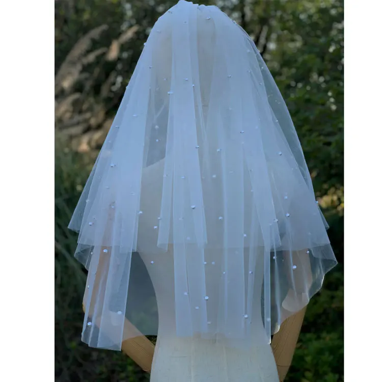 

Pearls Wedding Veils Two Layers with Comb Bridal Accessory Bride Veil Women Headpiece Short Bridal Veil