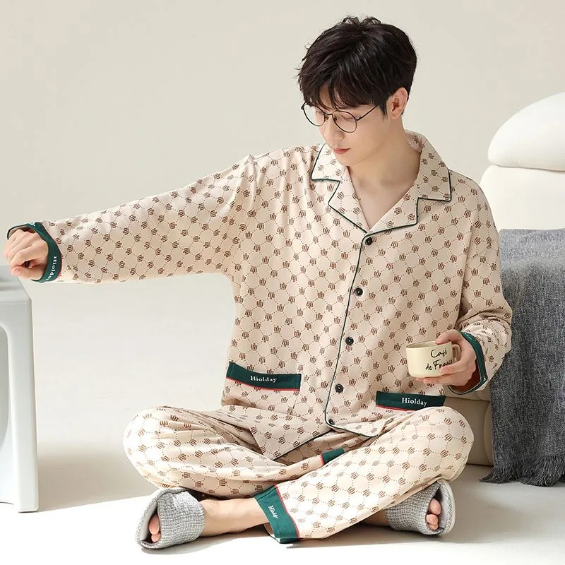 2023 New Men Pajamas Spring Autumn Loungewear Cotton Long Sleeve Boys Cotton Homewear Suit V-neck Loose Casual Nightwear white summer pajamas set women v neck long sleeve casual cotton home suit ruffles loose shirts shorts set homewear kawaii