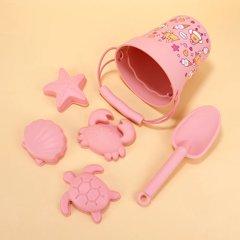 TYRY.HU 6pcs/Set Children's Beach Toys Set Summer Silicone Bucket, Shovel and 4 Accessories Fun Outdoor Play Sand for Kids