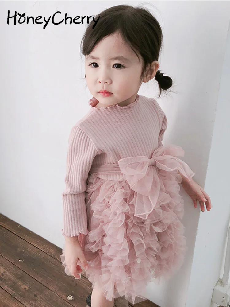 HoneyCherryAutumnBabyBowTieDressNewLongSleeveGirlCakeDress