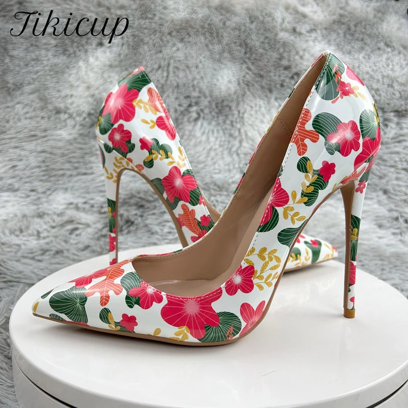 

Tikicup Flowers Printed Women Fashion Designer Pointy Toe High Heel Shoes for Floral Dress Sexy Party Stiletto Pumps Size 33-45