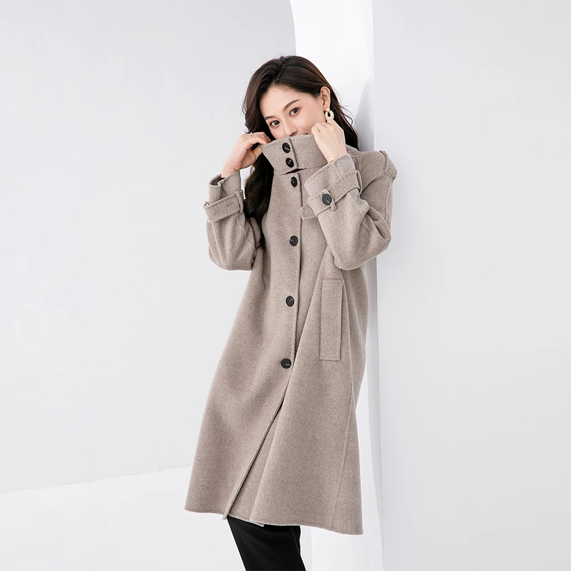 Hepburn Style Fashion New 100% Pure Australian Wool Double Sided Wool Coat Women's Standing Collar Design Medium Length Coat