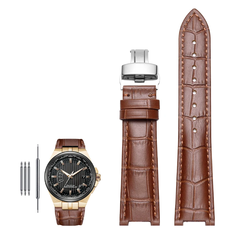 Genuine Leather Notched Watchband for Men's Watches, 24x13mm