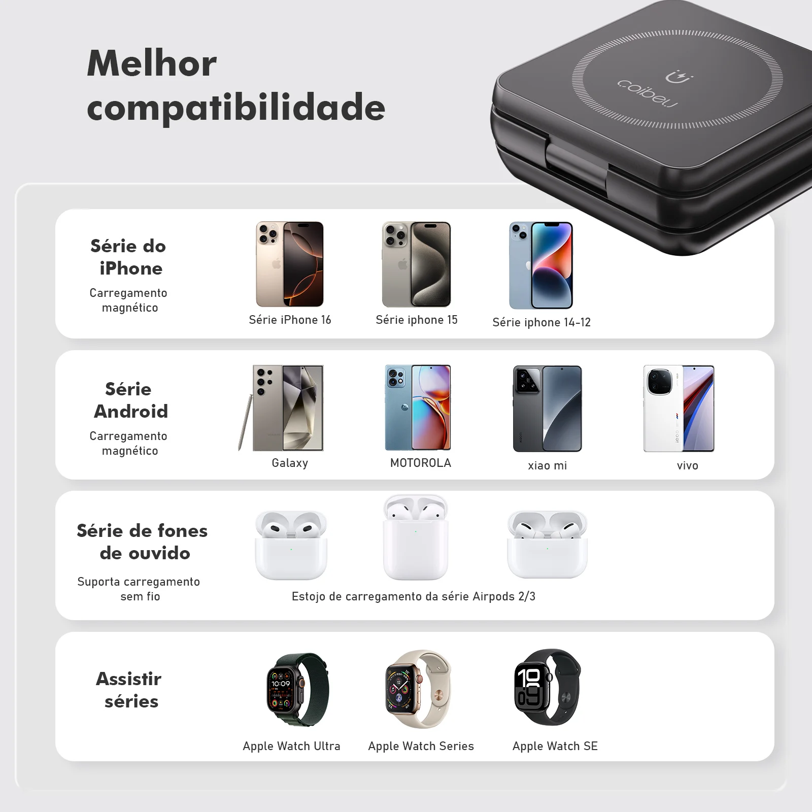 Carregador Sem Fio Magnético 3 em 1 COIBEU Compatibilidade