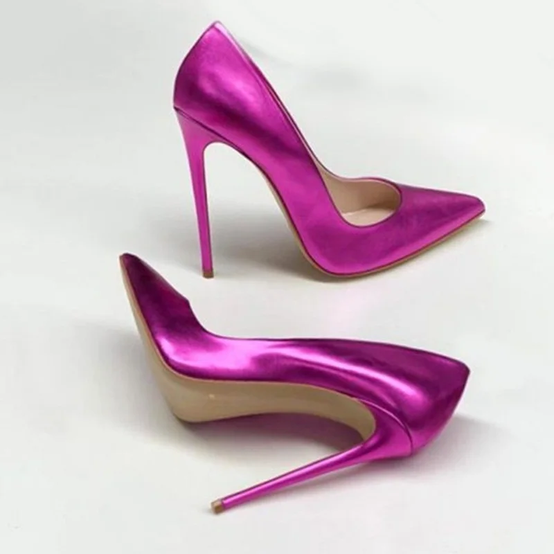 

12cm Stiletto Heels Metallic Leather Pumps Pink Shallow Pointed Toe Lady Bride Celebrating Banquet Footwear Big Size 45