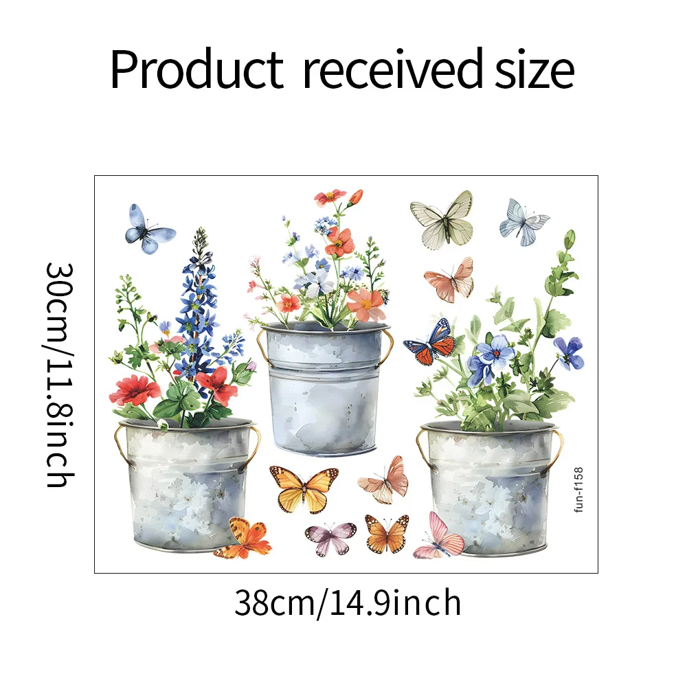 Window Stickers 1PCS Art Iron Bucket Flower Pot Butterfly Glass Doors Windows Home Beautify Uv Static Electricity