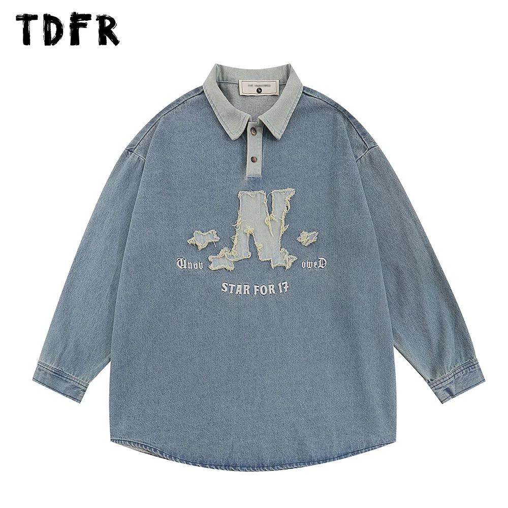 

Patch Letter Embroidery Denim Sweatshirts Mens Autumn Casual Curved Hem Lapel Long Sleeve Sweatshirts Men