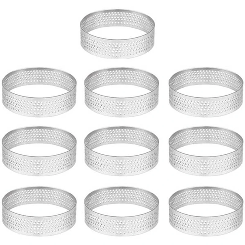 

10 Pack Stainless Steel Tart Ring Heat-Resistant Perforated Cake Mousse Ring Round Ring Baking Doughnut Tools 8cm