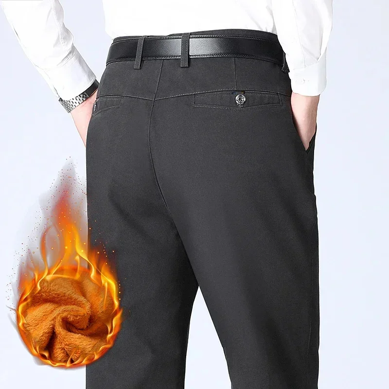 thumbnail image 1 of Pantalones casuales gruesos de vellón para hombre, de negocios, ajustados, rectos, sencillos, de estilo clásico, de algodón, gris oscuro, pantalones de felpa para oficina para hombre, 1 of 5